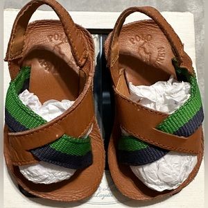 (61)-🔥 Vintage Polo Ralph Lauren Brown Sandals SZ US 3😎 Blue And Green Strap💚